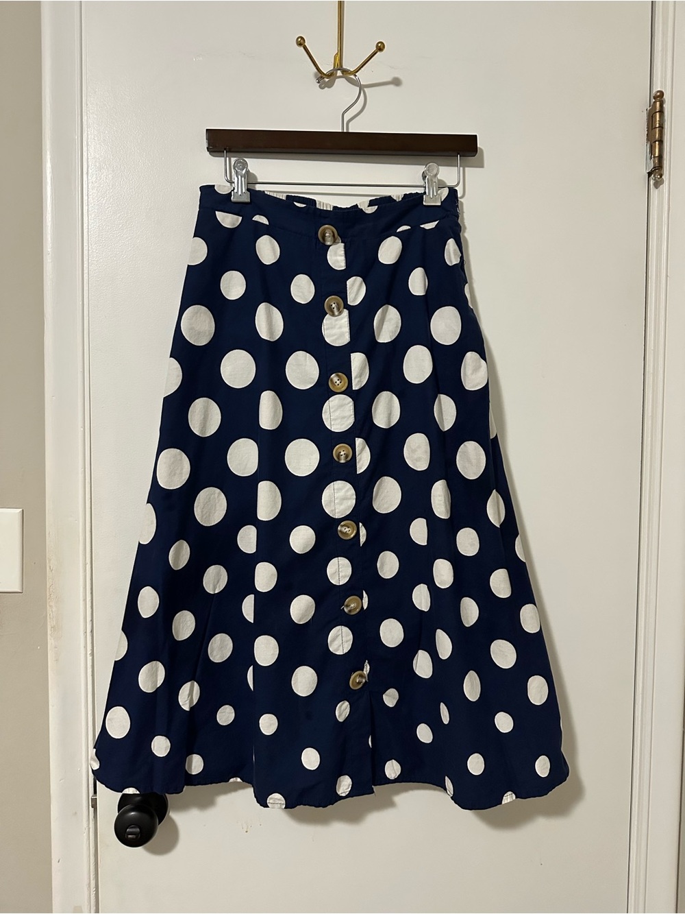 Polka Dot Button-Front Navy A-Line Midi Skirt